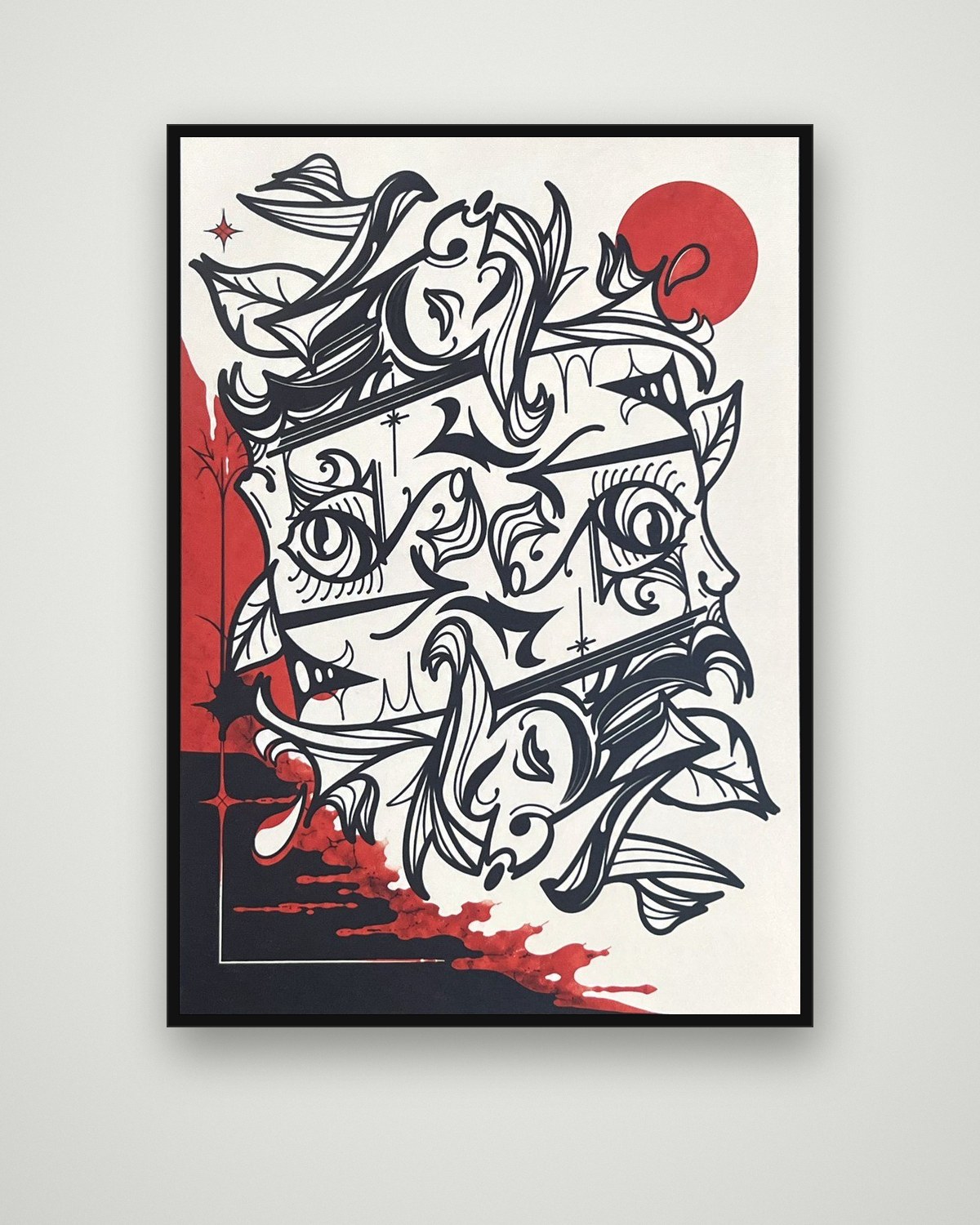 Miradas enmarcada: ojos y ornamentos en negro y rojo