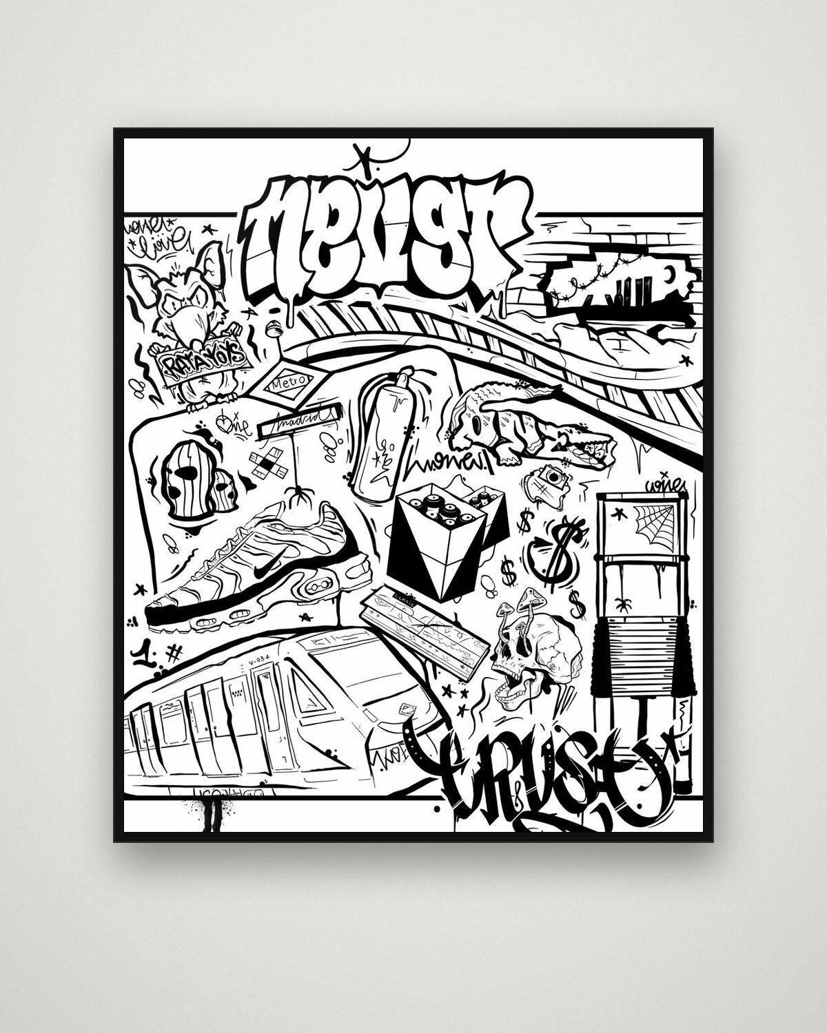 Never Trust, dibujo en negro con letras de graffiti