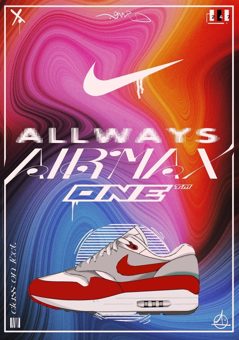 Allways, cara A: las Air Max 1 rojas sobre rosa, naranja y azul